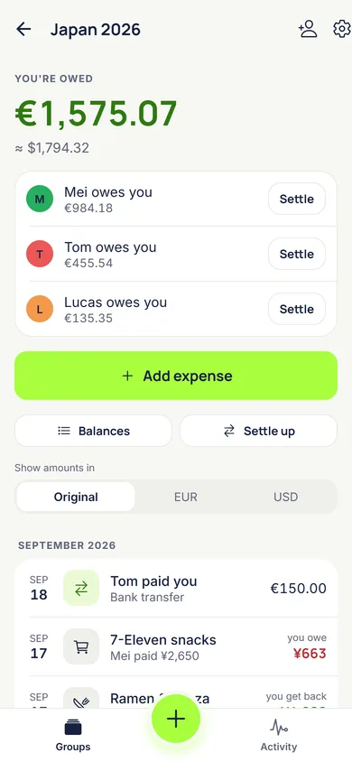 A trip group in Quits with balances in euros